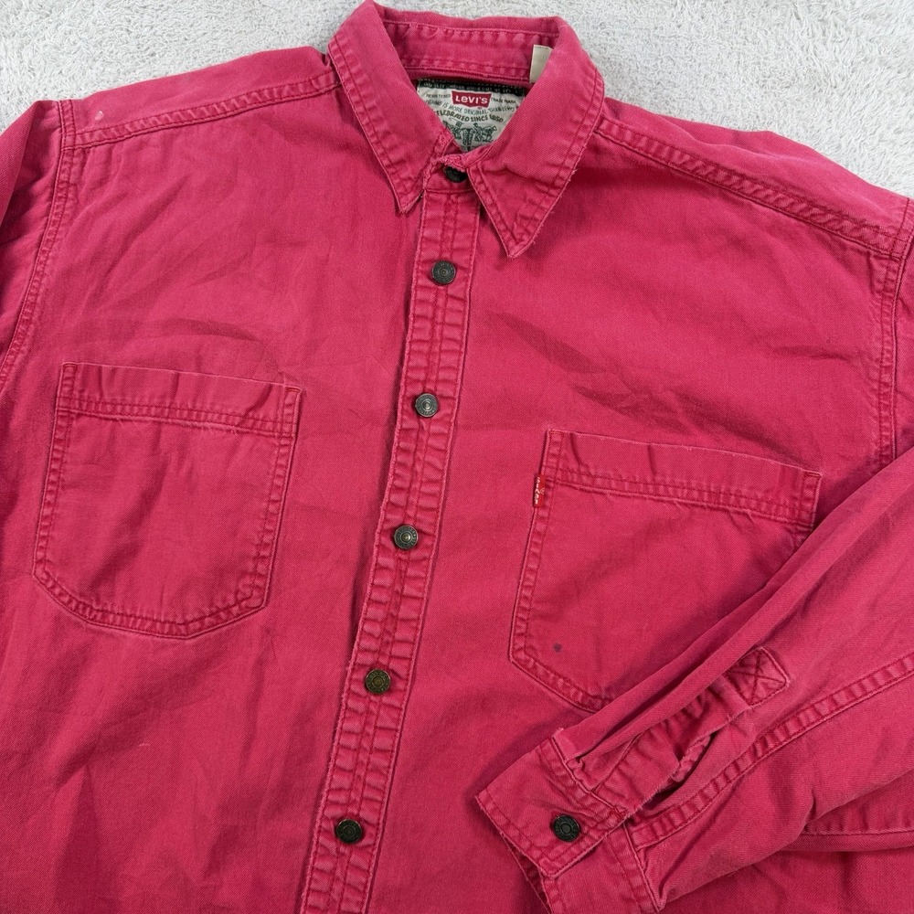 Levis Jeans Shirt Men Large Red Denim Metal Button Up Pocket Red Tab Long Sleeve